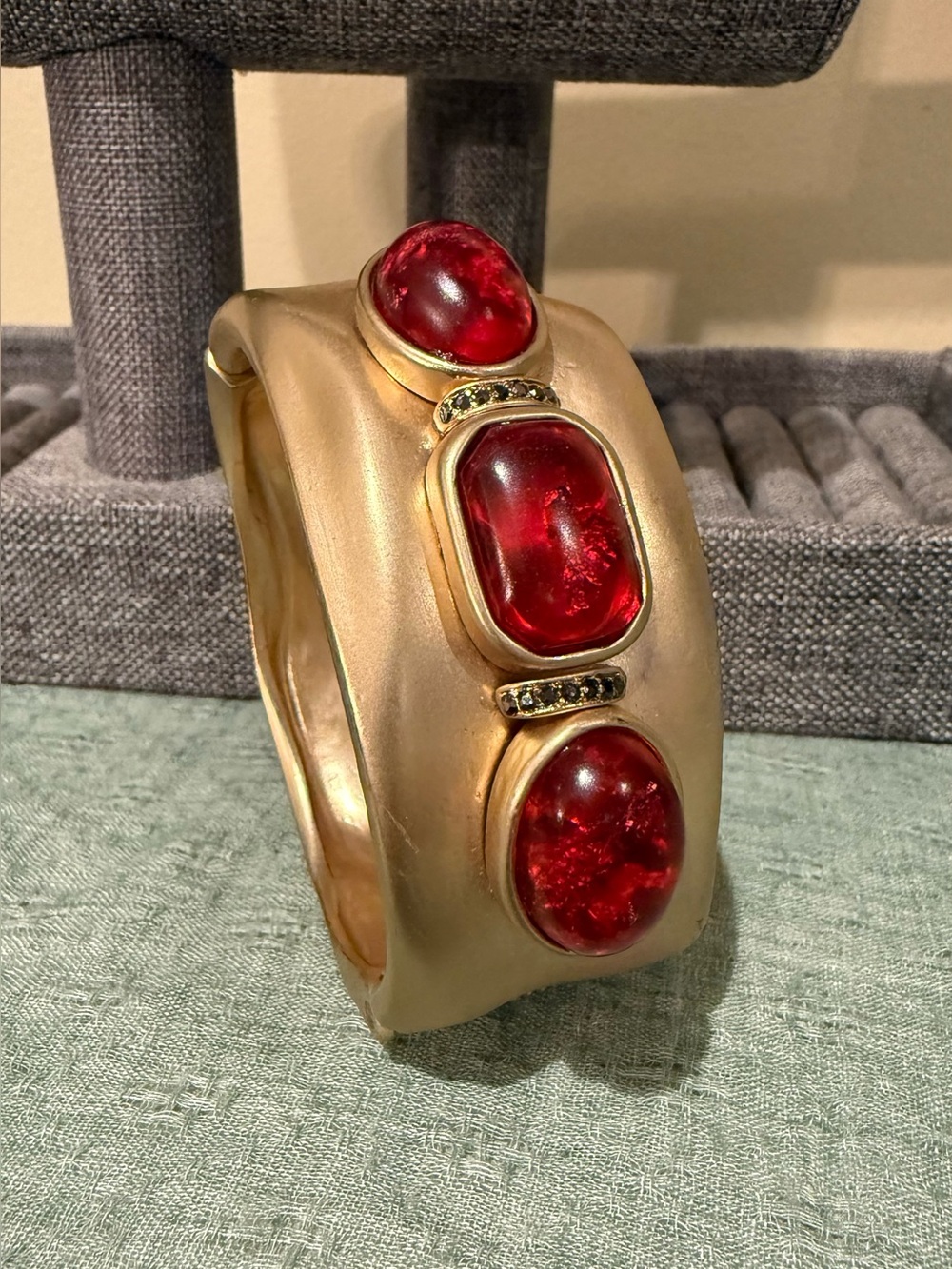 Chico's Matte Gold Hinged Cuff Bracelet - Ruby Red Cabochons & Black Rhinestones